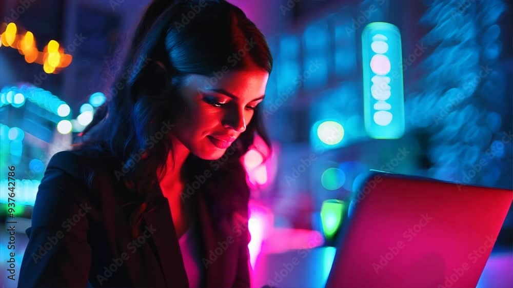Woman working on laptop in vibrant neon light, creating modern and futuristic atmosphere. Concept of technology, productivity, and innovation. Woman working on laptop in vibrant neon light, creating modern and futuristic atmosphere. Concept of technology, productivity, and innovation.