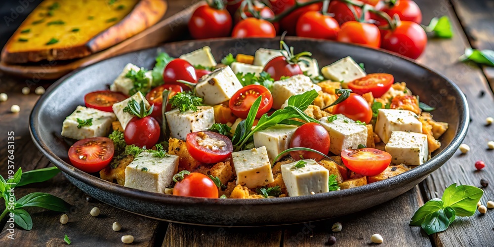 Crispy scrambled tofu shines amidst a tapestry of fresh herbs and juicy tomatoes on a rustic stone table, bathed in warm golden light with bokeh effect, evoking cozy intimacy. Crispy scrambled tofu shines amidst a tapestry of fresh herbs and juicy tomatoes on a rustic stone table, bathed in warm golden light with bokeh effect, evoking cozy intimacy.