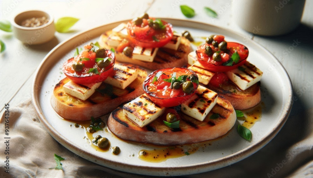 A plate of grilled haloumi and tomato bruschetta, featuring thick slices of toasted bread topped with golden-brown grilled haloumi cheese and ripe tomato slices A plate of grilled haloumi and tomato bruschetta, featuring thick slices of toasted bread topped with golden-brown grilled haloumi cheese and ripe tomato slices