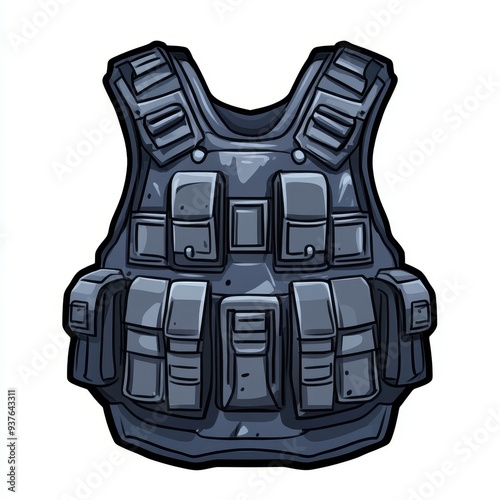 Military-style body armor vest with pouches and straps detailed drawing