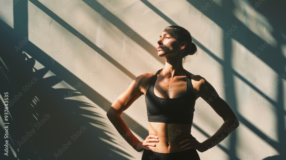 An athletic woman in a black sports bra stands in the sunlight, casting pronounced shadows on the wall behind, exemplifying strength and determination. An athletic woman in a black sports bra stands in the sunlight, casting pronounced shadows on the wall behind, exemplifying strength and determination.