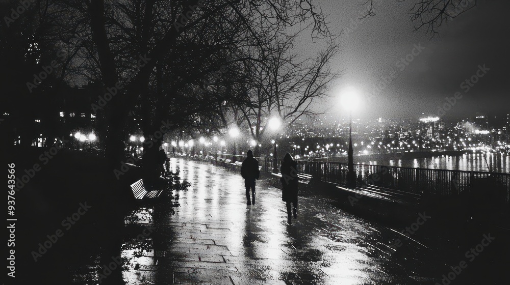 Fototapeta premium Rainy Night Walk in the City Silhouette of Two People on a Wet Pavement with City Lights