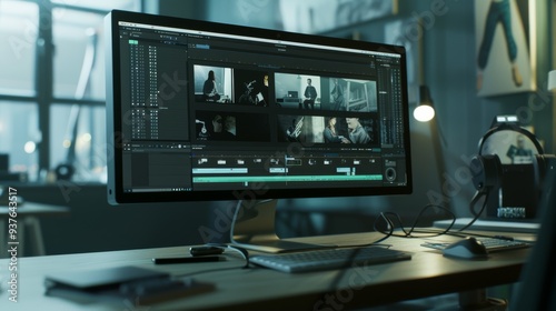 A cluttered desk with a large monitor displays a photo editing software interface, suggesting a creative workspace bustling with digital media work.