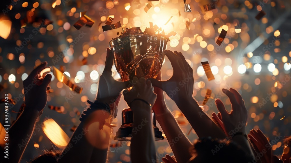 Φωτογραφία Hands holding a gleaming trophy aloft amidst a shower of confetti and lights, symbolizing victory and celebration in a vibrant, high-energy atmosphere