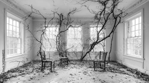 Abandoned Room with Tree Branches and Chairs