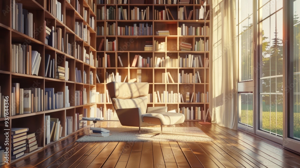 A cozy reading nook with an armchair, surrounded by tall bookshelves filled with books, bathed in warm natural light. A cozy reading nook with an armchair, surrounded by tall bookshelves filled with books, bathed in warm natural light.