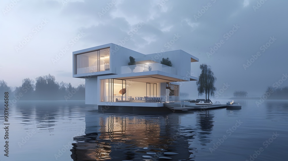 Fototapeta premium Minimalist floating cube architecture in the making --style rawAI generated illustration