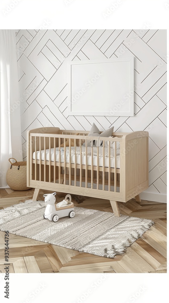 Modern Minimalist Nursery: Empty crib awaits its tiniest resident in a sunlit room with trendy geometric wallpaper. Modern Minimalist Nursery: Empty crib awaits its tiniest resident in a sunlit room with trendy geometric wallpaper.