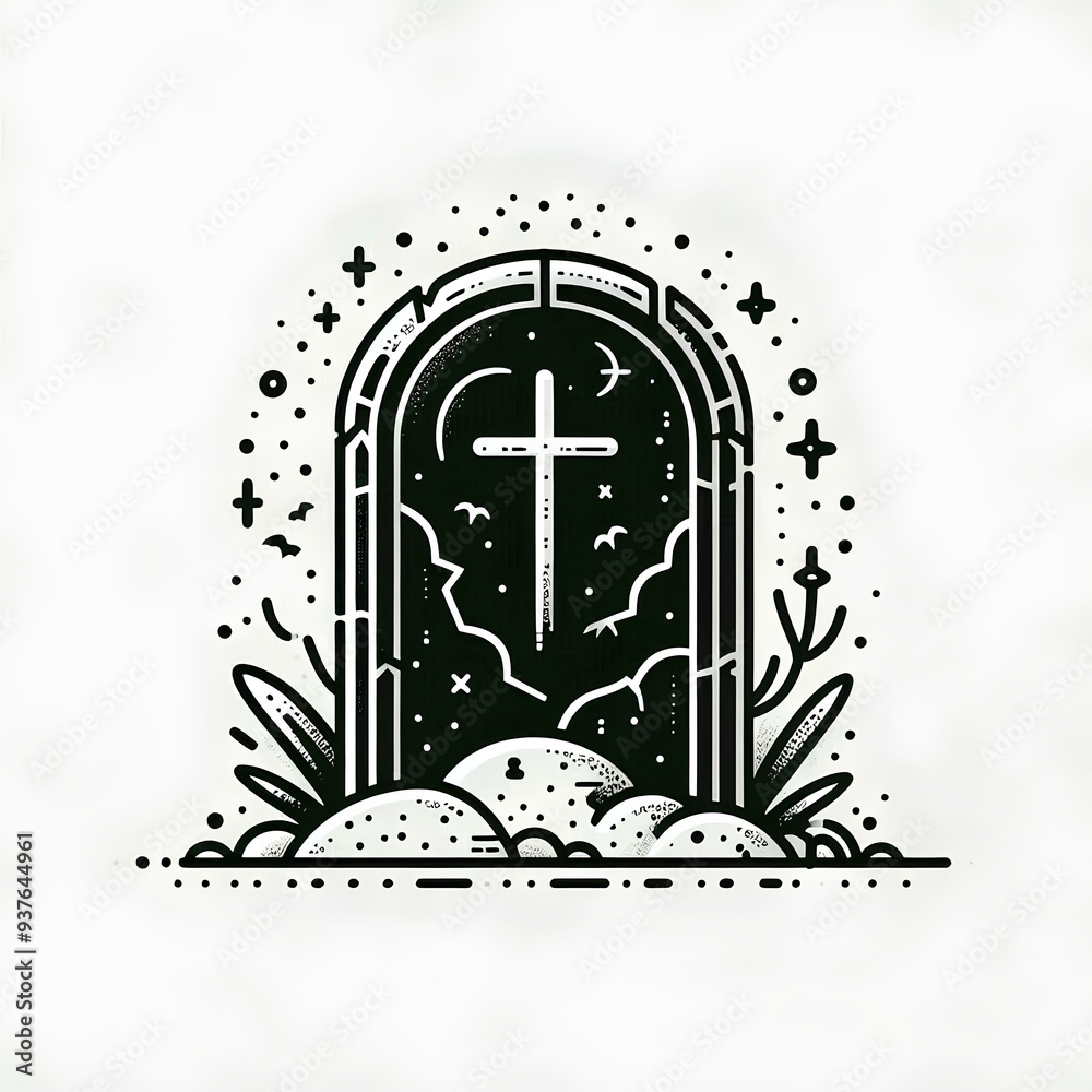 Black gravestone or headstone with RIP, Halloween element in modern flat, line style.