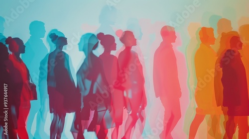 A vivid abstract image showing overlapping silhouettes of people in blue, red, and green hues, evoking a sense of movement and diversity.