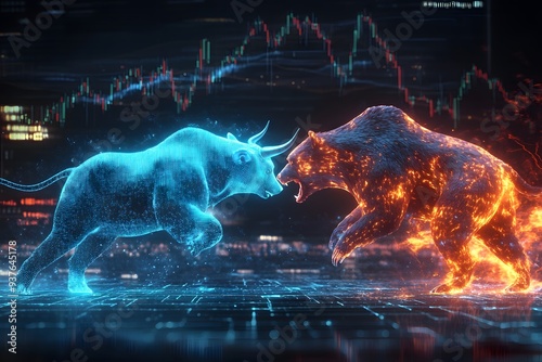 Bulle und Bär in leuchtendem Cyber-Gewand im Finanzkampf