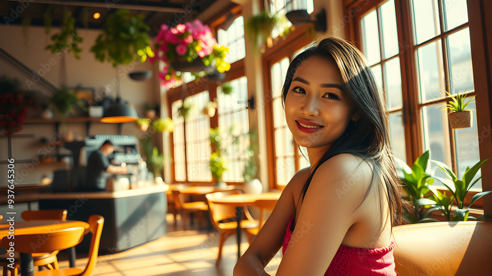 A beautiful Asian woman sits in a cafe in the middle of the photo. She ...