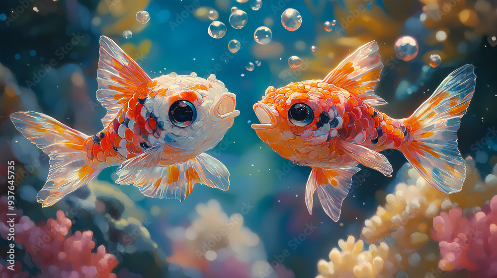 illustration of two cute colorful baby puffer fish on ocean background illustration of two cute colorful baby puffer fish on ocean background