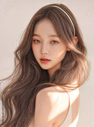 High Quality Detailed, Woman Beauty skin texture, dark hair and white hair band, natural light glowing skin, AI generative