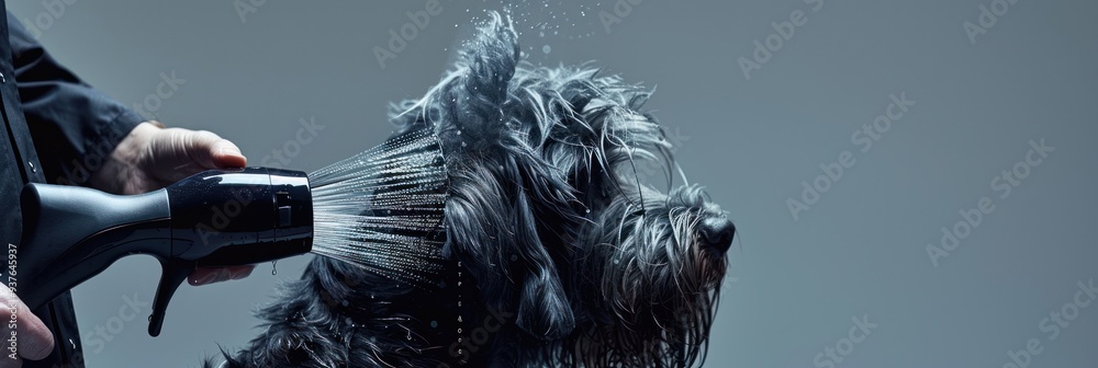 Fototapeta premium A black dog gets sprayed with water from a nozzle.