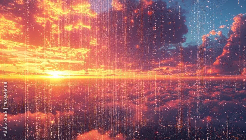 Sunset Cloudscape in a Futuristic Digital World