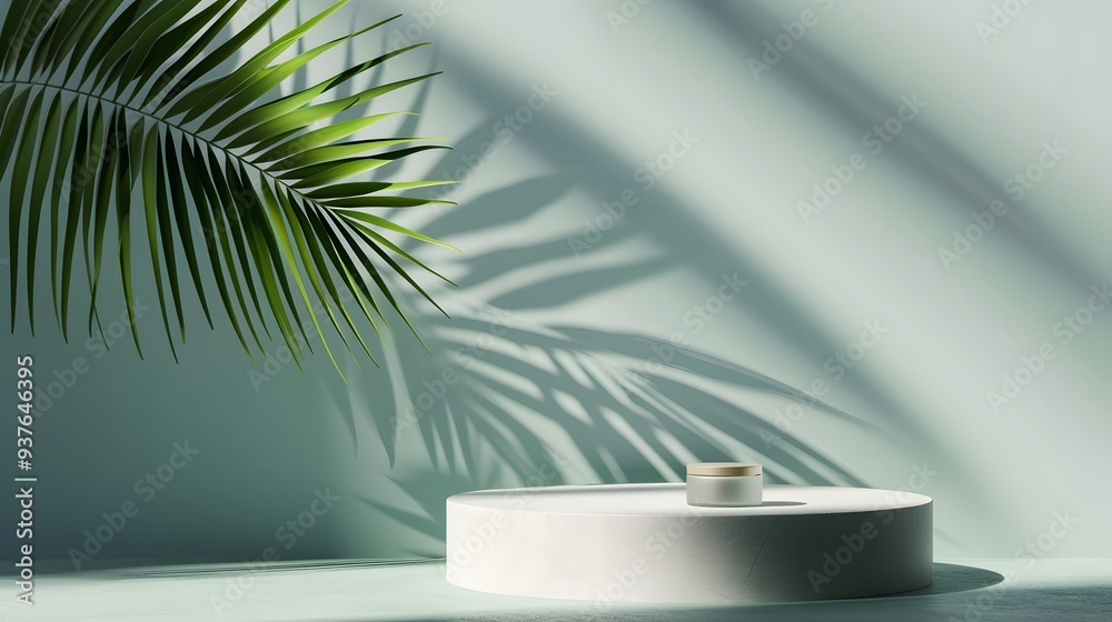 Minimalistic backdrop of a premium podium for a cosmetic product accentuated by a palmtree leaf shadow AI generated illustration Minimalistic backdrop of a premium podium for a cosmetic product accentuated by a palmtree leaf shadow AI generated illustration