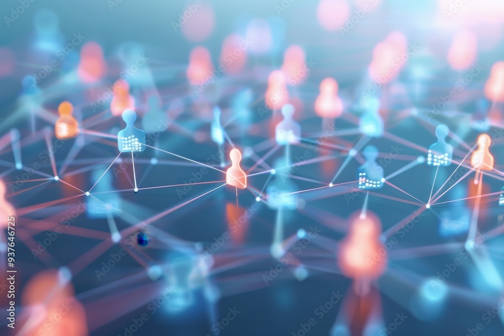Dynamic Digital Community, an abstract representation of interconnected profiles and networks, showcasing a vibrant web of glowing plexus and human figures, symbolizing futuristic communication. Dynamic Digital Community, an abstract representation of interconnected profiles and networks, showcasing a vibrant web of glowing plexus and human figures, symbolizing futuristic communication.