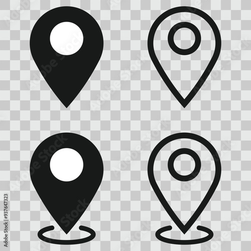 Set of location pin markers on checkered background. Location map icons. Location points of different styles