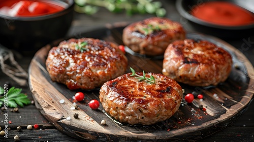Fototapeta Naklejka Na Ścianę i Meble -  Four round meat patties arranged on wooden board with red peppercorns, perfect for menu designs, food blogs, and culinary websites.