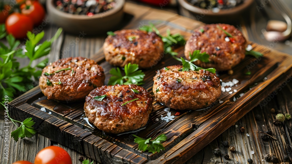 Delicious round meat patties on wooden board with rosemary. Delicious round meat patties on wooden board with rosemary.