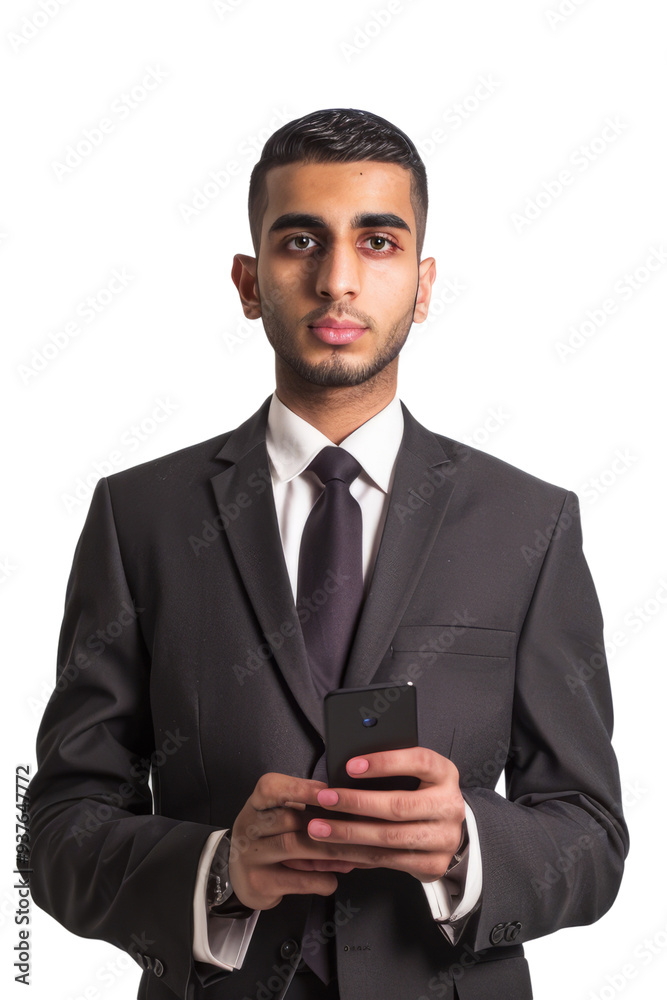A young Middle Eastern businessman in formal wear, holding a smartphone, white background. A young Middle Eastern businessman in formal wear, holding a smartphone, white background.