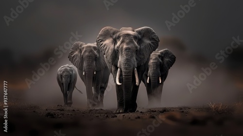 Majestic African Elephants Against a Stark Dark Backdrop, a vivid digital artwork showcasing the grandeur and strength of these magnificent creatures in their natural form.