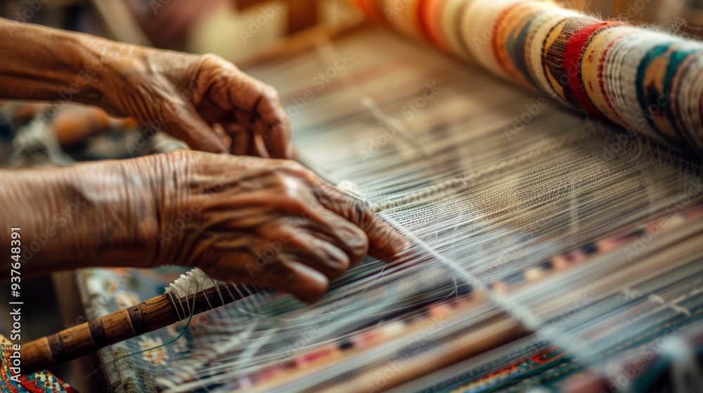 Elderly hands skillfully working on a weaving loom, depicting ...