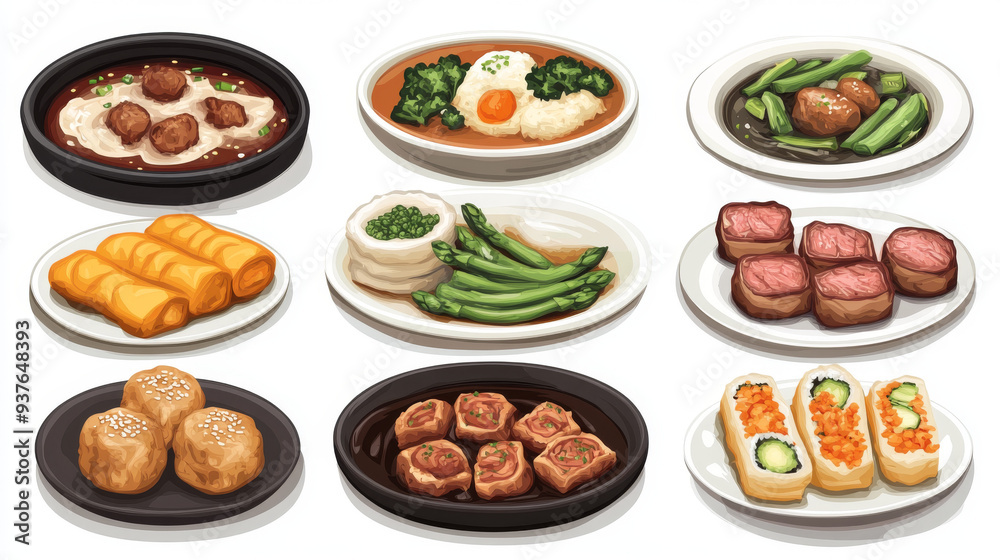 Japanese cuisine meat dishes featuring vegetables, ginger, and soy sauce. Vector illustrations include dumpling soup, stewed pork and chicken with veggies, sweet potato with meatballs and curry. Japanese cuisine meat dishes featuring vegetables, ginger, and soy sauce. Vector illustrations include dumpling soup, stewed pork and chicken with veggies, sweet potato with meatballs and curry.