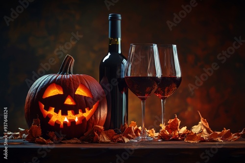 The image shows two glasses of wine and a bottle with a jack-o-lantern on a dark foggy background. The pumpkin is scary and is made of glass. photo