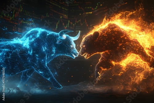 Bulle und Bär in leuchtendem Cyber-Gewand im Finanzkampf