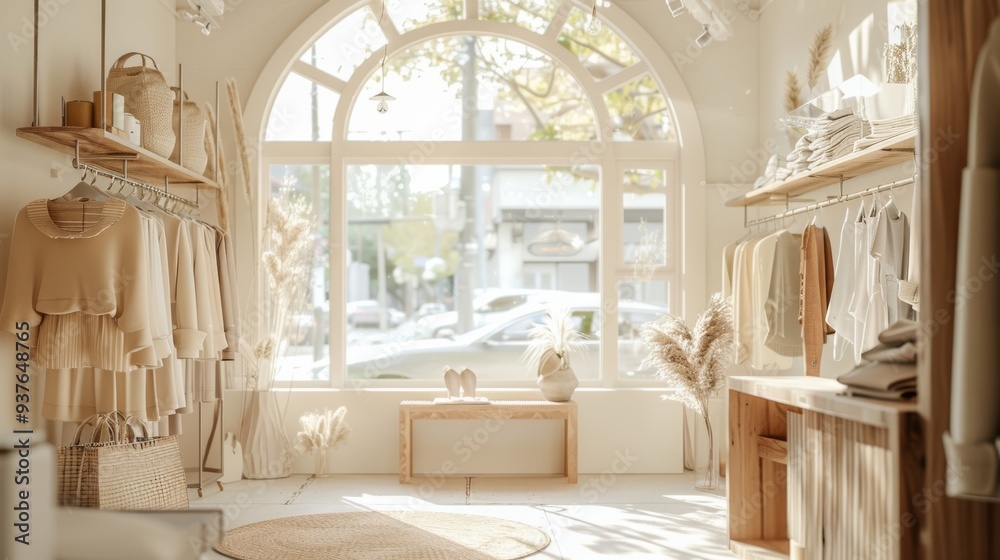 A sunlit, cozy boutique with soft earthy tones and large arched windows, creating a warm and inviting atmosphere filled with chic, minimalist fashion. A sunlit, cozy boutique with soft earthy tones and large arched windows, creating a warm and inviting atmosphere filled with chic, minimalist fashion.