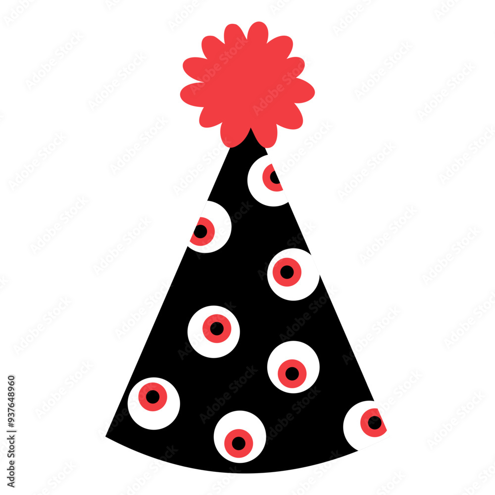 black and red halloween party hat with monster eye ball pattern illustration 