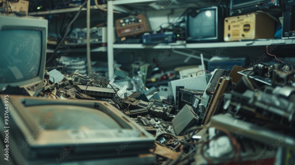 A chaotic electronics workshop with piles of components, various screens, and devices scattered across shelves. A chaotic electronics workshop with piles of components, various screens, and devices scattered across shelves.