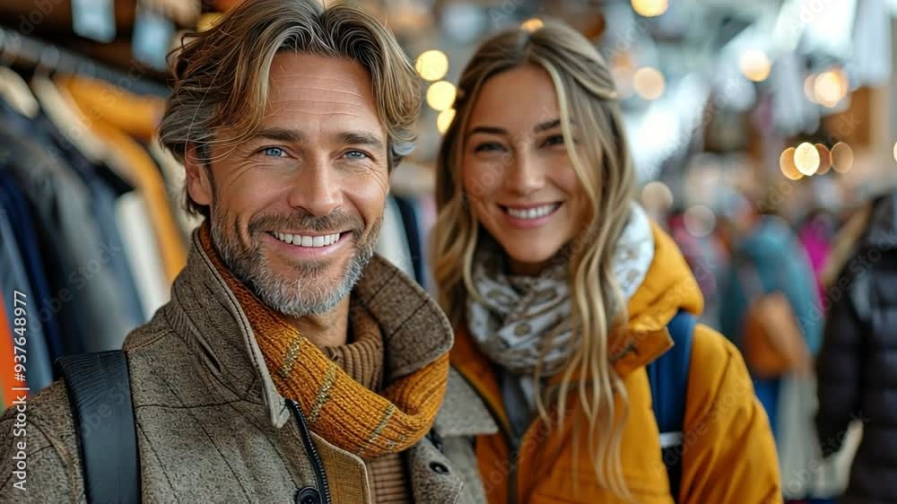 A content man is shopping at a mall with his girlfriend, purchasing clothing. A content man is shopping at a mall with his girlfriend, purchasing clothing.