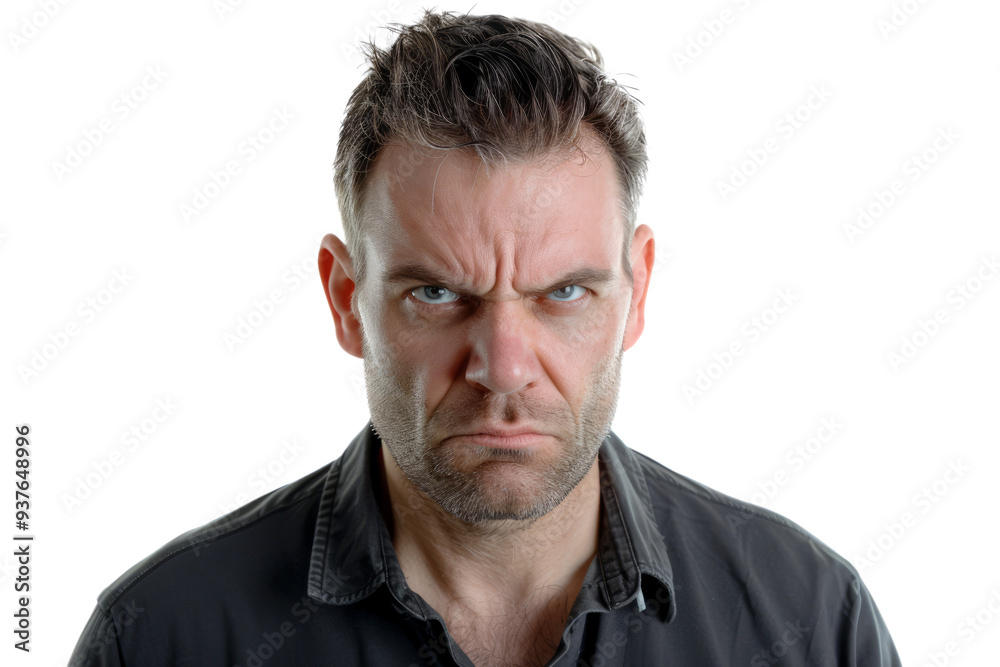 Man with furrowed brows and a tense expression, symbolizing stress, against a white background. Man with furrowed brows and a tense expression, symbolizing stress, against a white background.