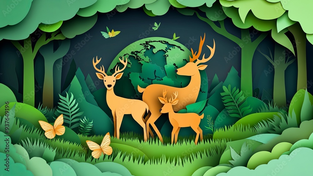 World Wildlife Day With The Deer Family And Butterfly In Forest Paper