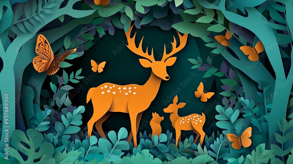 World Wildlife Day With The Deer Family And Butterfly In Forest Paper