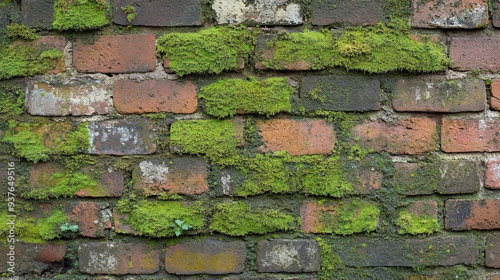 weathered brick wall background with patches of moss weathered brick wall background with patches of moss