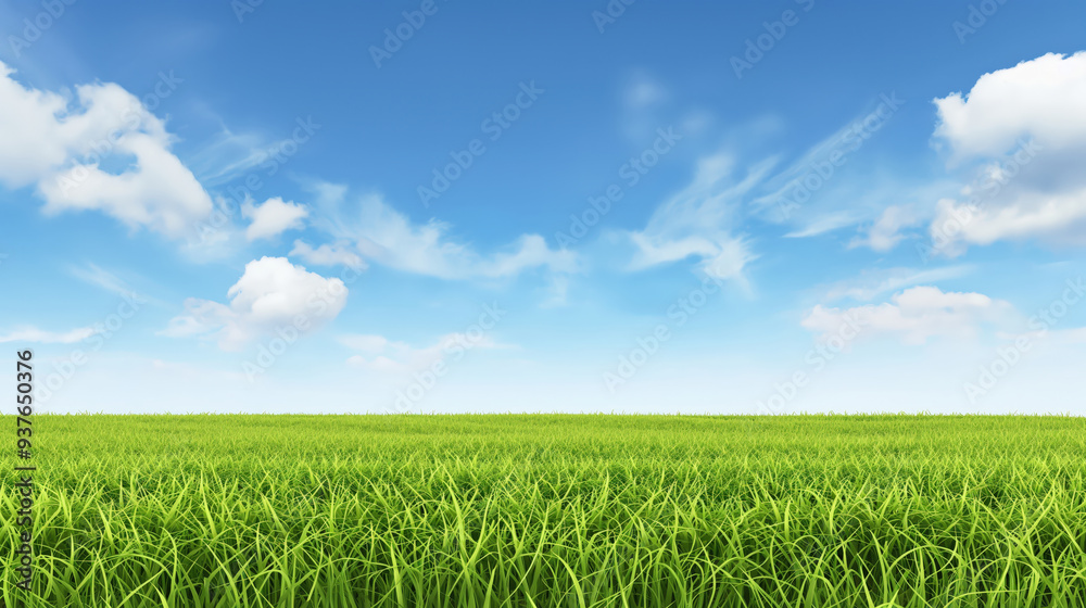 Expansive green grass field under a clear blue sky with scattered white clouds, serene landscape. Expansive green grass field under a clear blue sky with scattered white clouds, serene landscape.