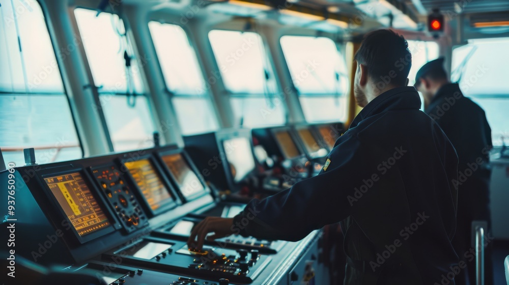 Two individuals manage the control panels aboard a ship's bridge, with an array of screens and devices displaying navigational data over a calm sea. Two individuals manage the control panels aboard a ship's bridge, with an array of screens and devices displaying navigational data over a calm sea.