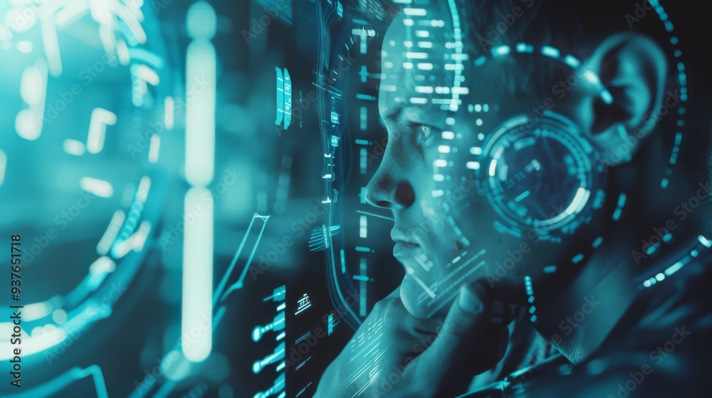 A thoughtful individual gazes into the futuristic holographic display, immersed in a high-tech environment of neon blue lights and digital interfaces. A thoughtful individual gazes into the futuristic holographic display, immersed in a high-tech environment of neon blue lights and digital interfaces.