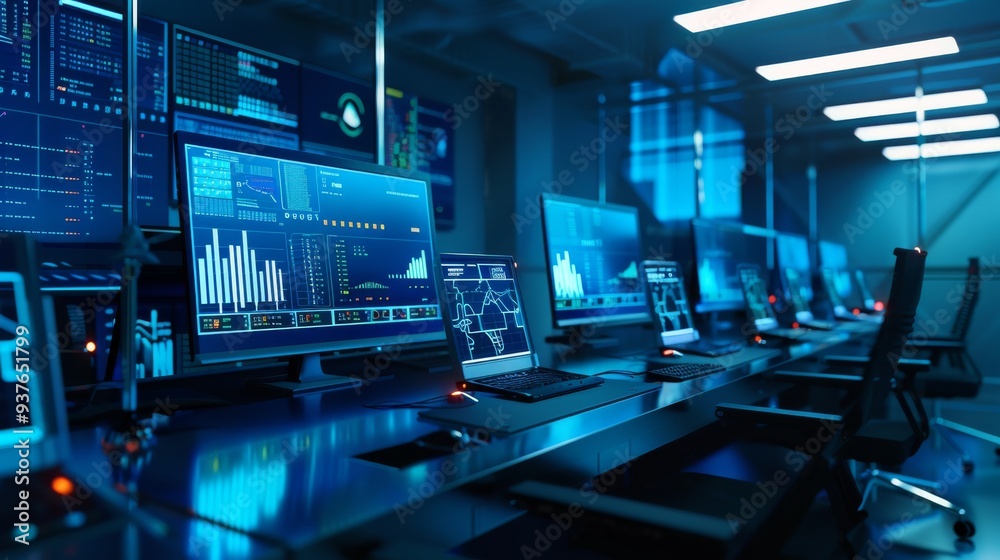 A high-tech control room filled with multiple monitors displaying data and graphs in a cool blue light, creating an atmosphere of futuristic technology and efficiency. A high-tech control room filled with multiple monitors displaying data and graphs in a cool blue light, creating an atmosphere of futuristic technology and efficiency.