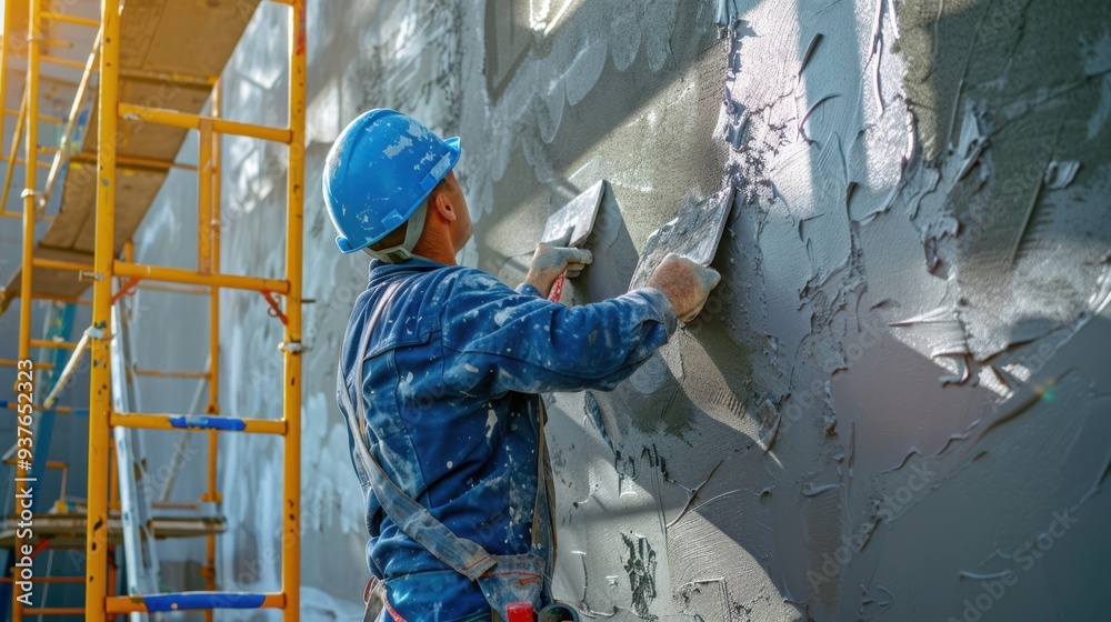 Fototapeta premium The construction worker plastering wall