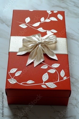 Elegant Red Gift Box with White Ribbon and Floral Embellishment