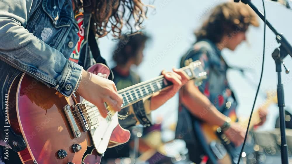 Close up of young musicians playing electric guitars at an outdoor concert