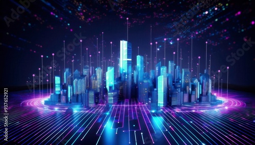 A futuristic digital interface with blue and orange lights, featuring a central hub with holographic skyscrapers, symbolizing advanced technology and urban innovation. Generative Image