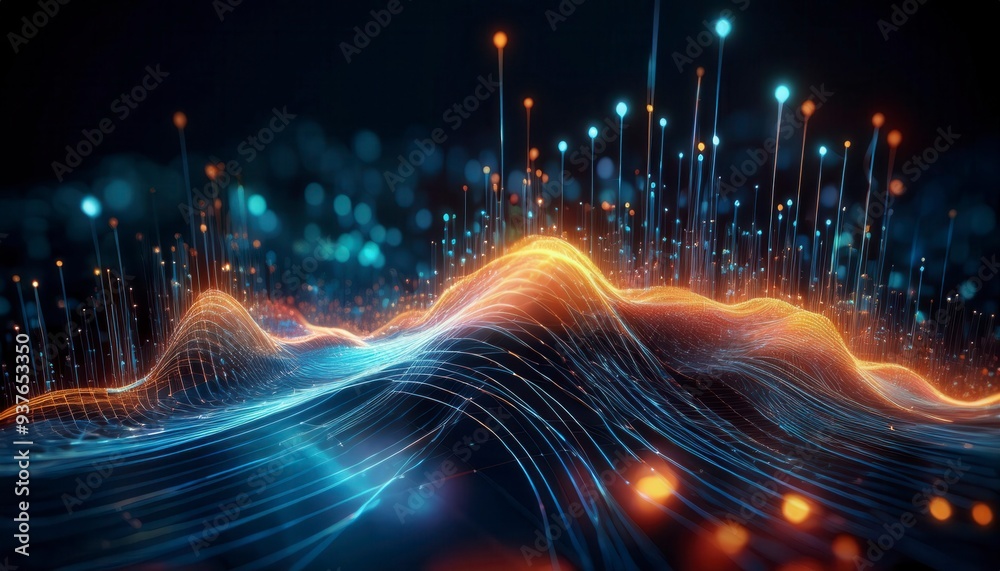 Obraz premium Abstract digital waves with glowing particles in a futuristic design. Ideal for technology blogs, digital art, sci-fi and business content. Generated image