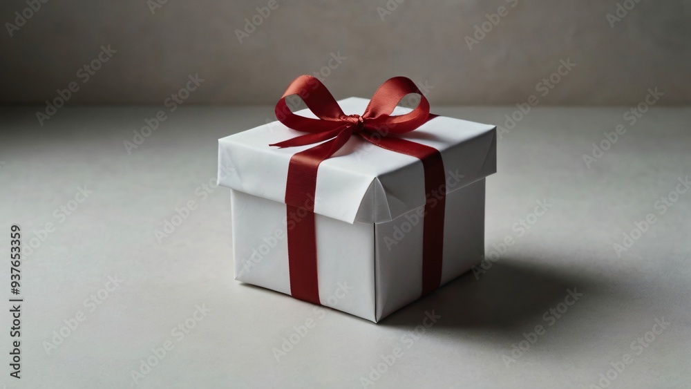 A solitary gift box with a red ribbon rests on a neutral surface, hinting at a special occasion. The soft lighting enhances its simple elegance and inviting appearance A solitary gift box with a red ribbon rests on a neutral surface, hinting at a special occasion. The soft lighting enhances its simple elegance and inviting appearance