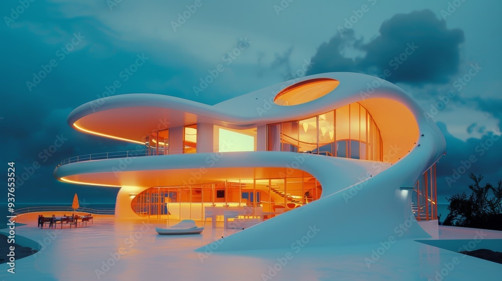 A stunning contemporary house with wavy, organic lines and warm interior lighting sits magnificently against a twilight sky.